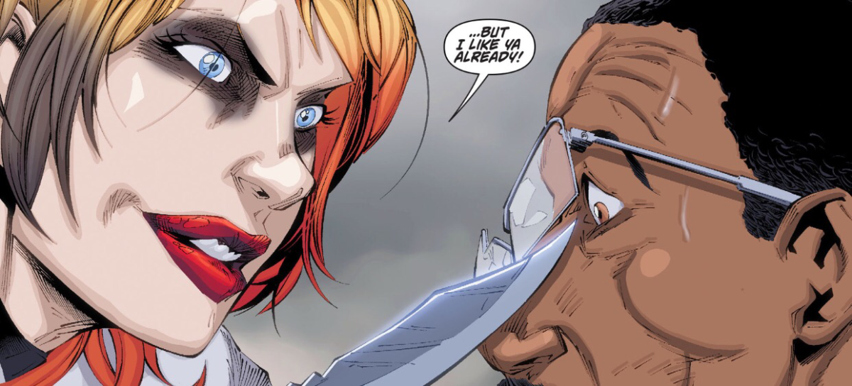 Batman Arkham Knight #8 – Harley Quinn attacks Lucius Fox. 